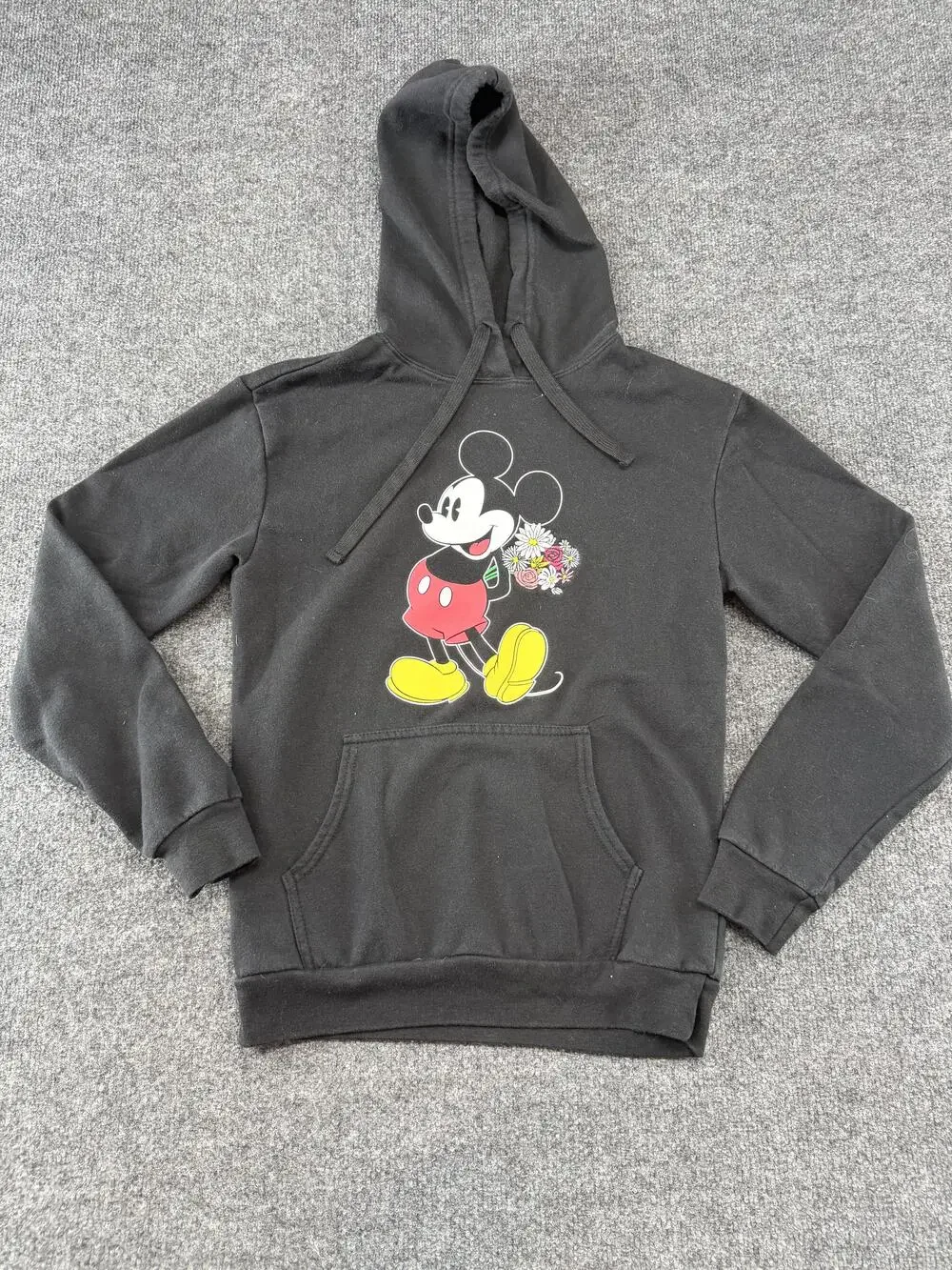 Disney Hoodie Juniors Small Black Mickey Mouse Floral Graphic Pullover Fleece